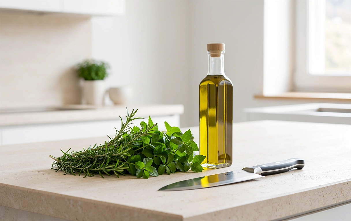 Frische Kräuter und Küchenutensilien